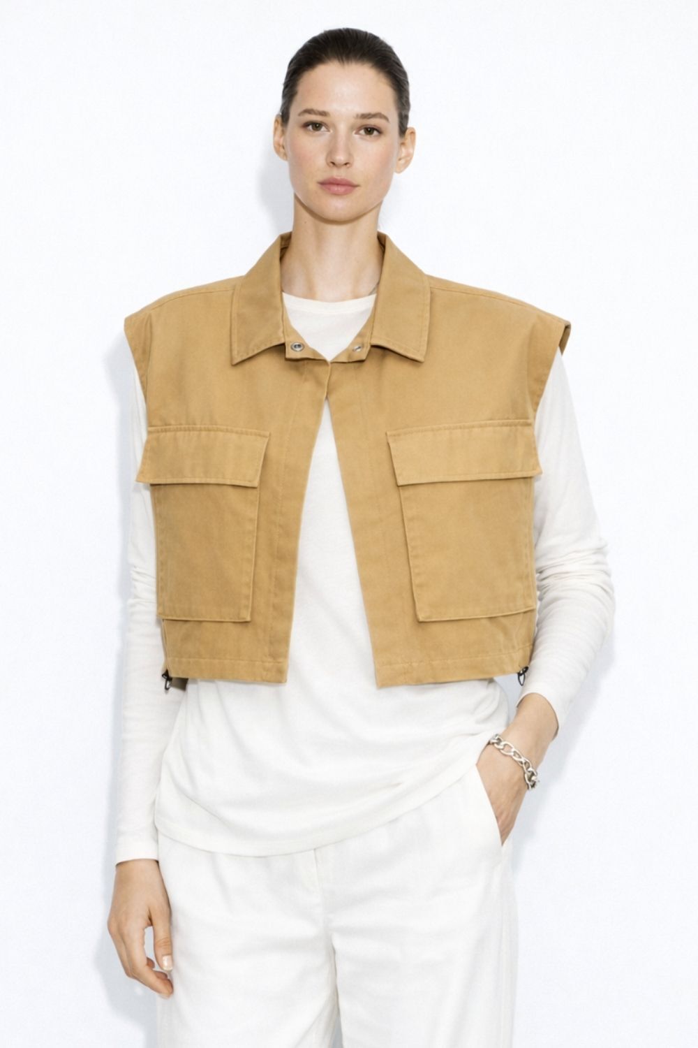 Mizalle Büyük Torba Cepli Büzgülü Camel Pamuklu Yelek - Mizalle