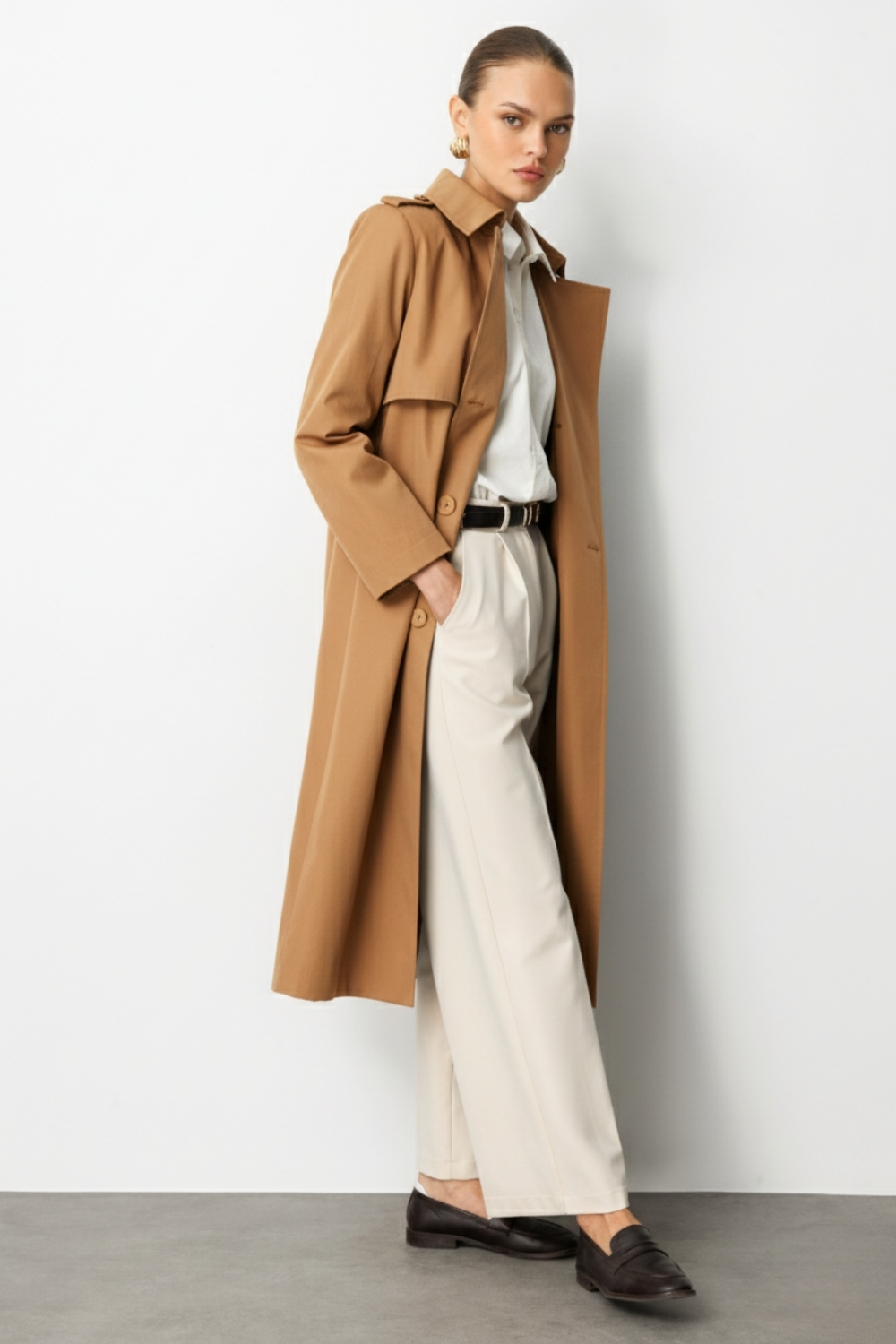 Mizalle Camel Apoletli Klasik Maxi Mac Trençkot