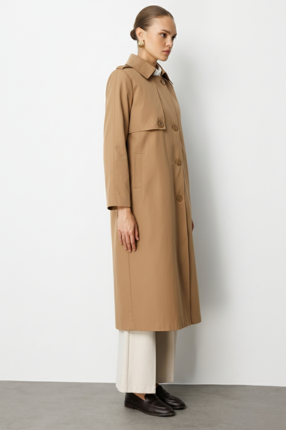 Mizalle Camel Apoletli Klasik Maxi Mac Trençkot