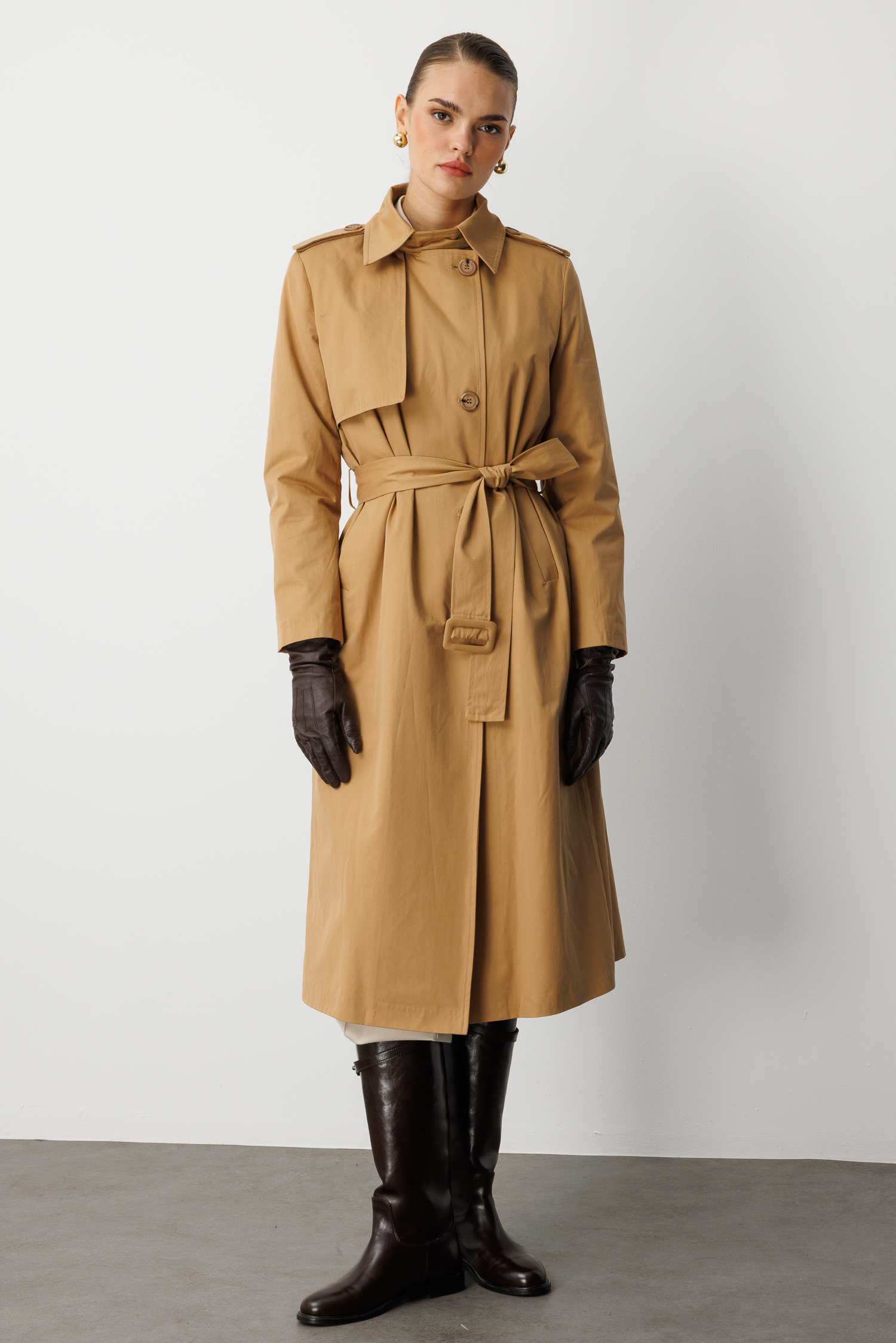 Mizalle Camel Apoletli Klasik Maxi Mac Trençkot - Mizalle