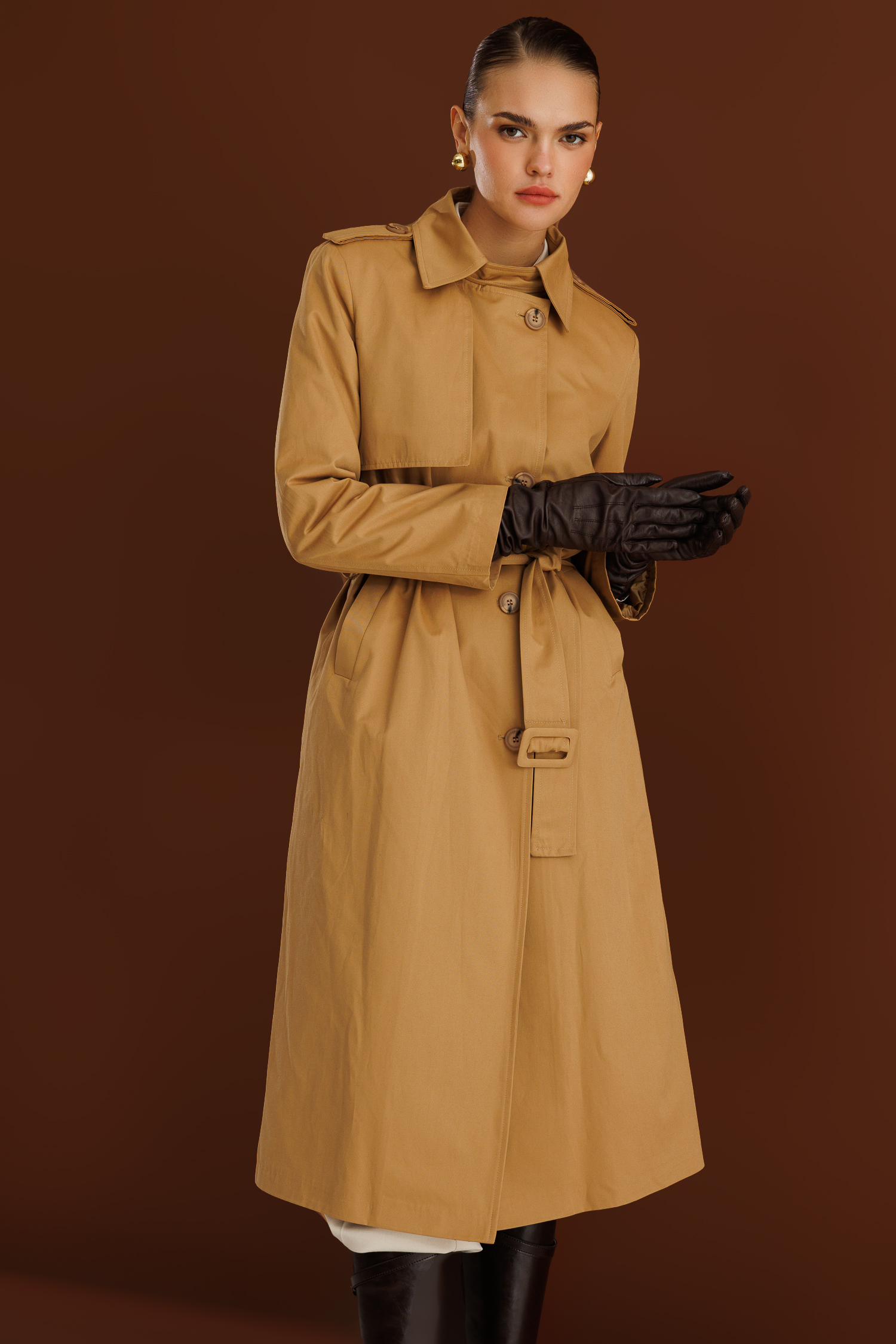 Mizalle - Mizalle Camel Apoletli Klasik Maxi Mac Trençkot