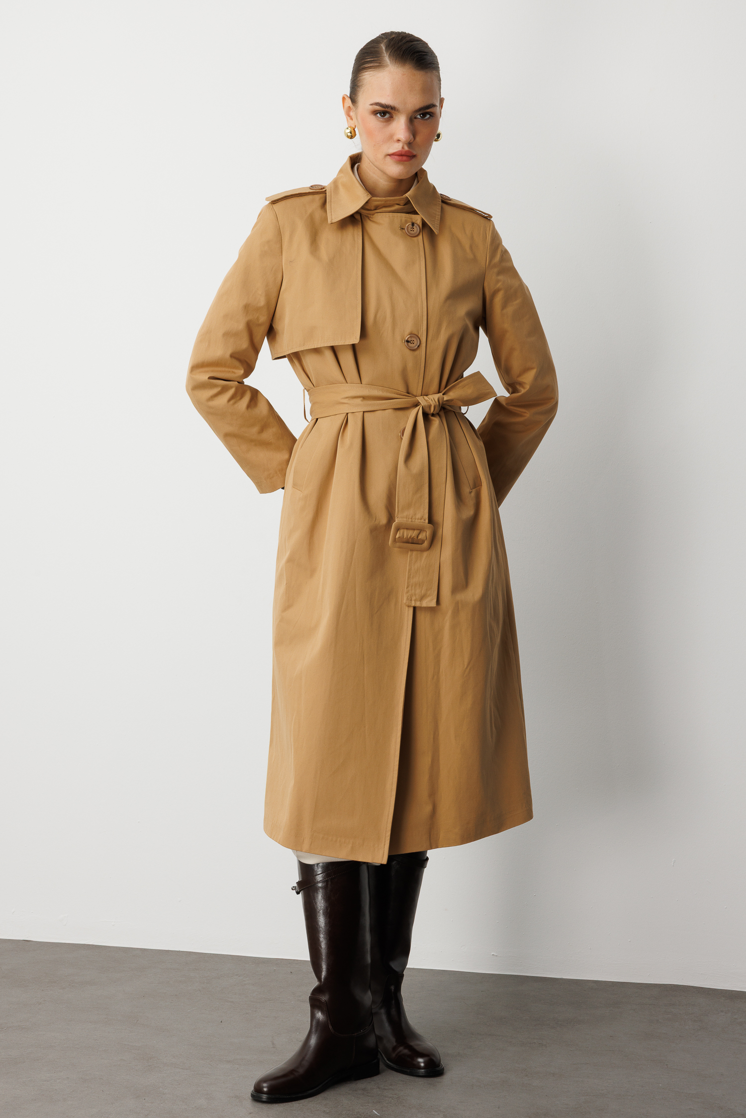 Mizalle Camel Apoletli Klasik Maxi Mac Trençkot - 13