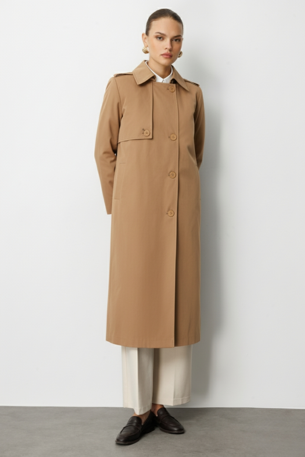 Mizalle Camel Apoletli Klasik Maxi Mac Trençkot - Mizalle