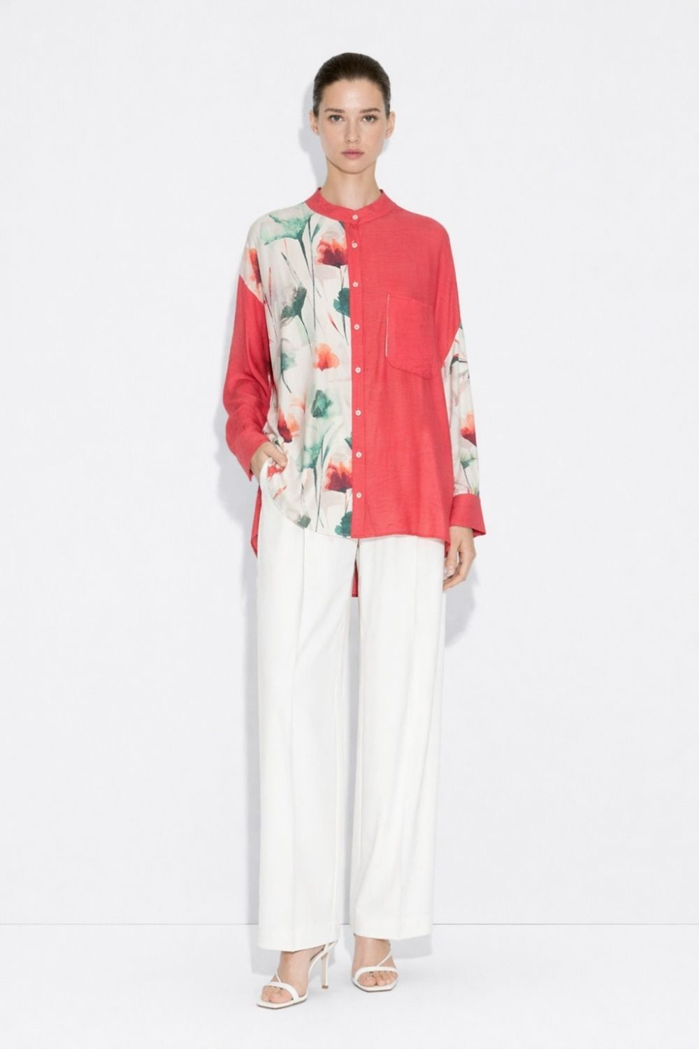 Mizalle Çiçek Desen Detaylı Hakim Yaka Fuşya Tunik - 1