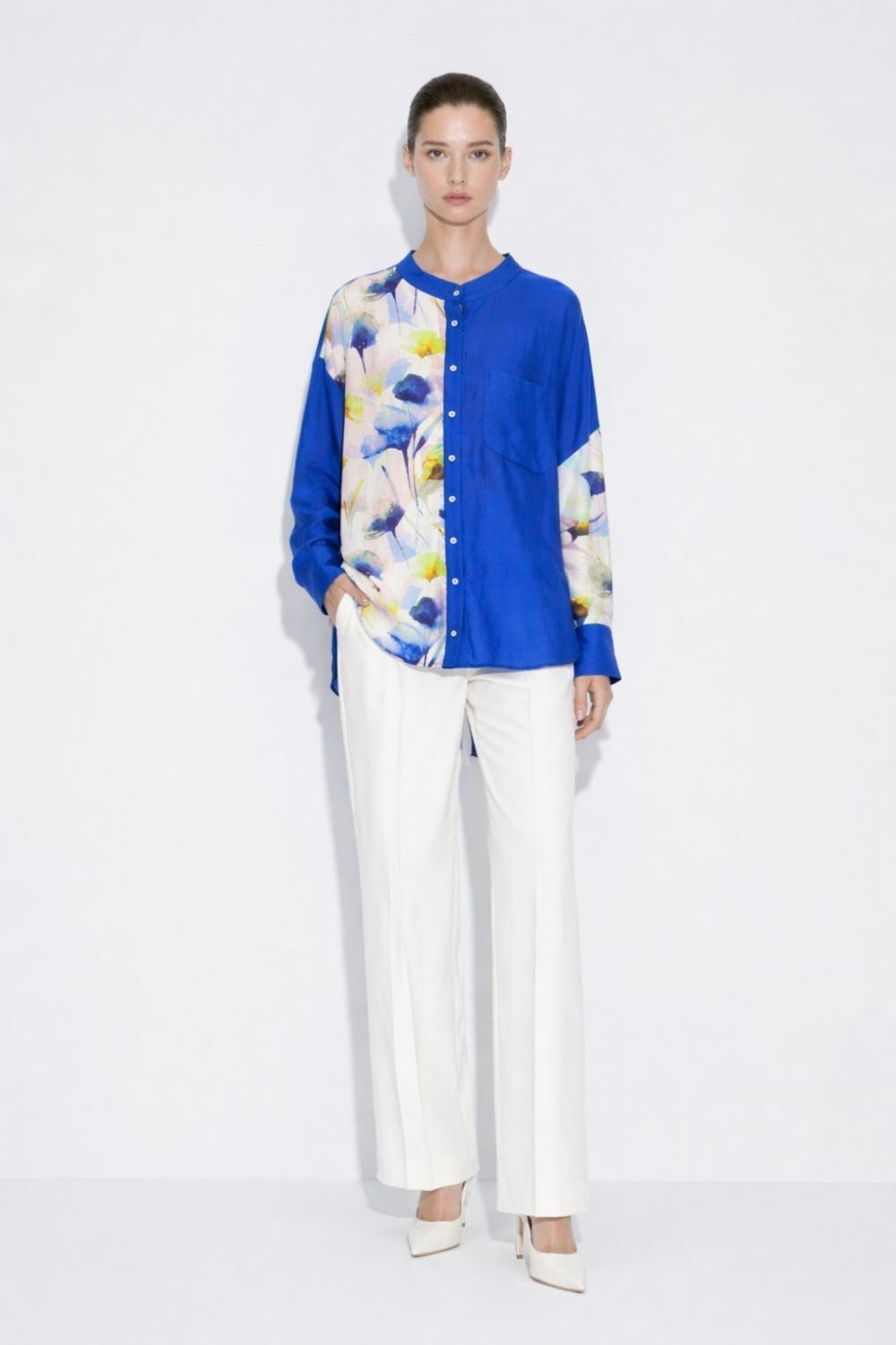 Mizalle Çiçek Desen Detaylı Hakim Yaka Mavi Tunik - 1