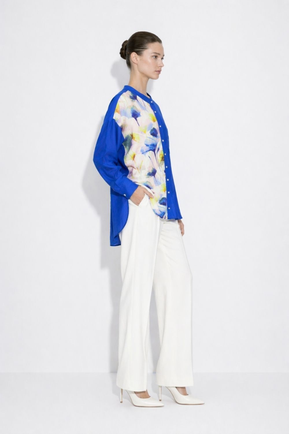 Mizalle Çiçek Desen Detaylı Hakim Yaka Mavi Tunik - 2