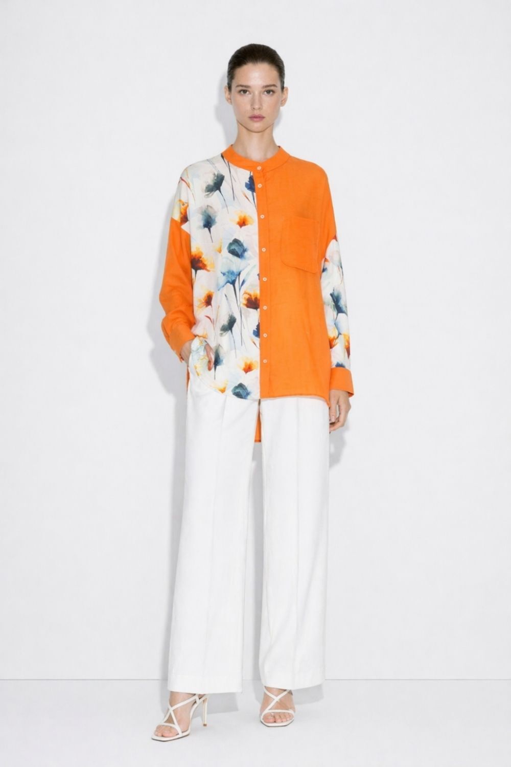 Mizalle Çiçek Desen Detaylı Hakim Yaka Turuncu Tunik - 1