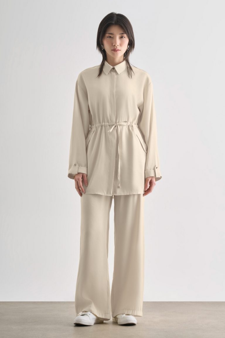 Mizalle Çift Cepli Beli İp Büzgülü Modal Bej Rengi Tunik - Mizalle