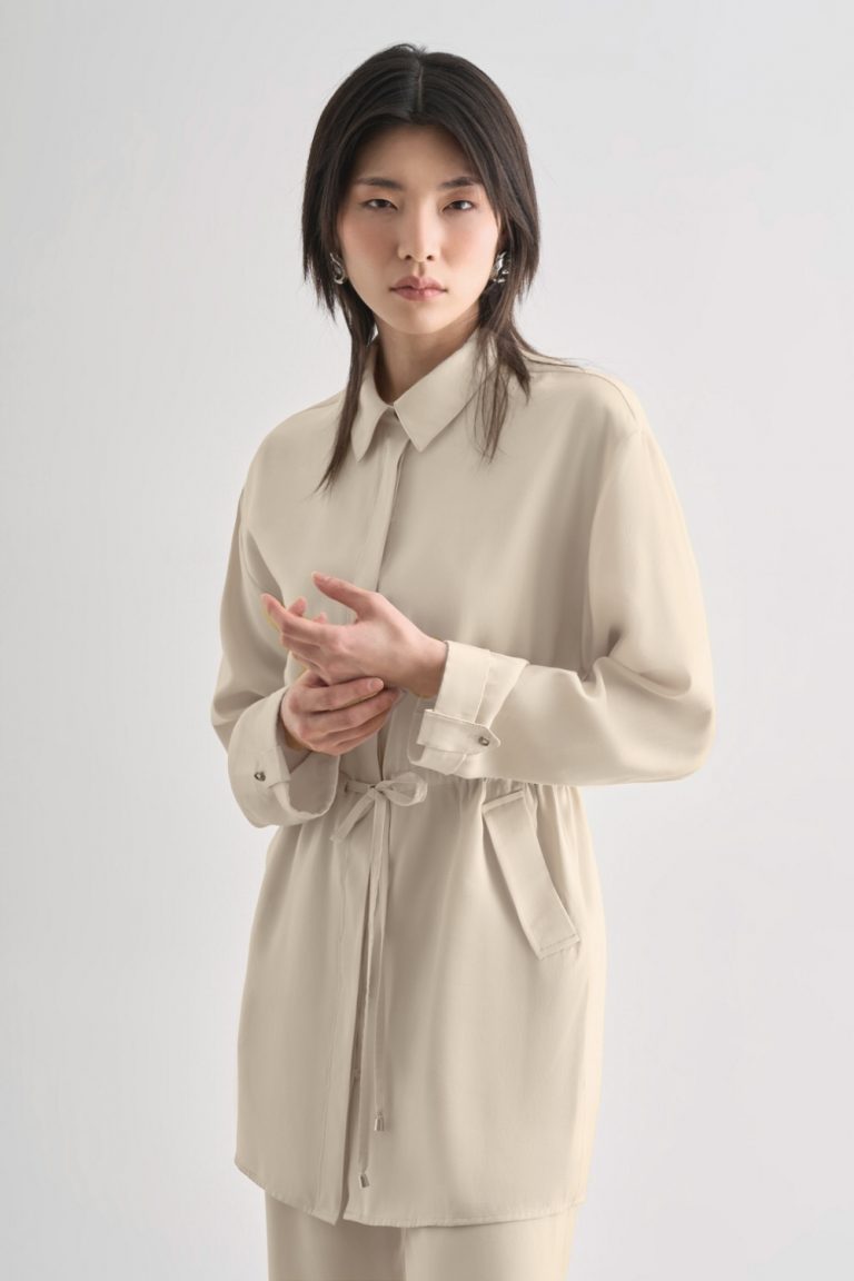 Mizalle Çift Cepli Beli İp Büzgülü Modal Bej Rengi Tunik - Mizalle