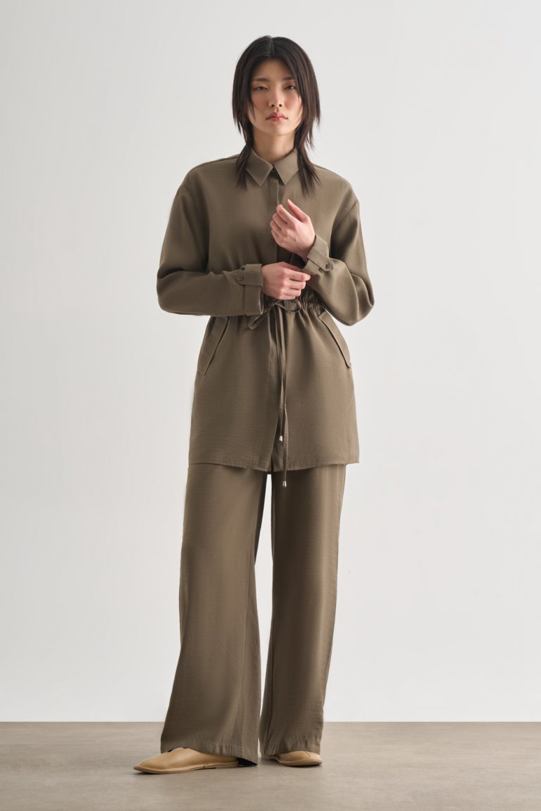 Mizalle Çift Cepli Beli İp Büzgülü Modal Haki Tunik - Mizalle