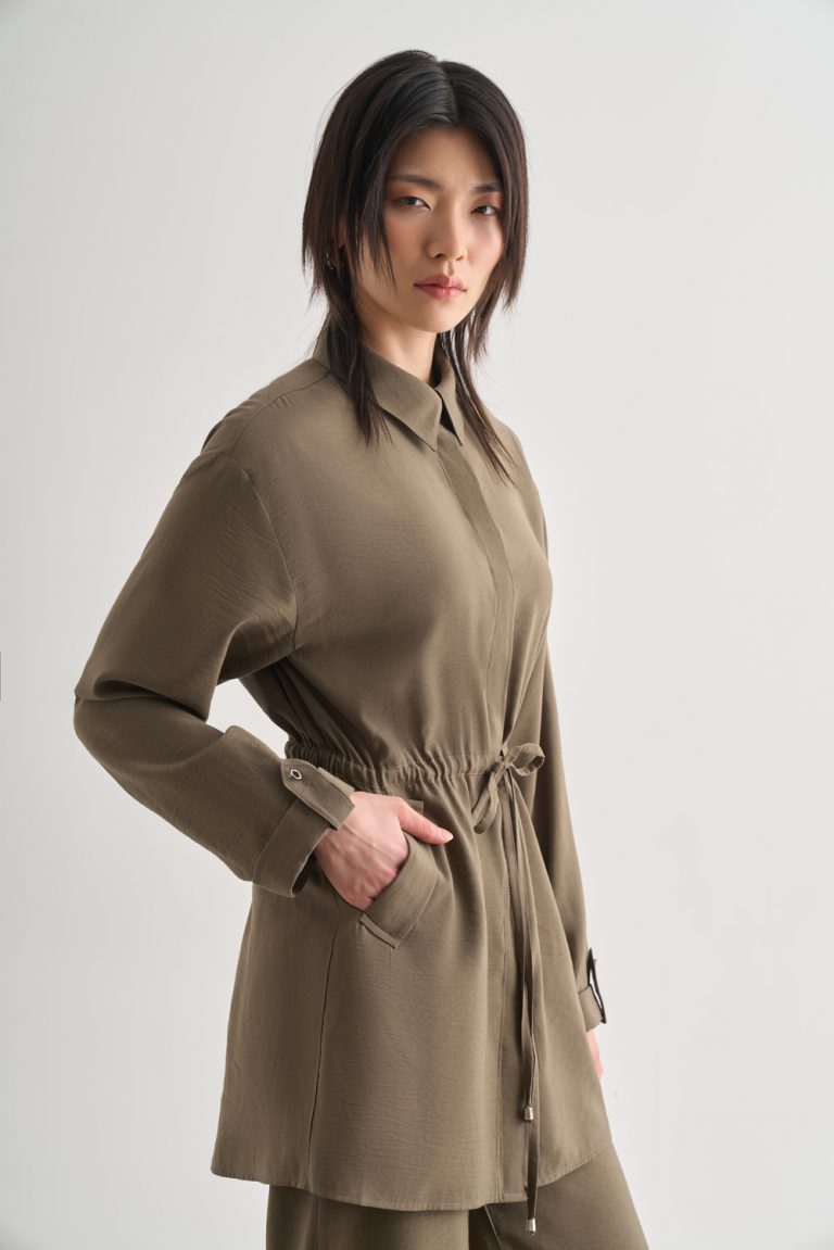 Mizalle Çift Cepli Beli İp Büzgülü Modal Haki Tunik - Mizalle