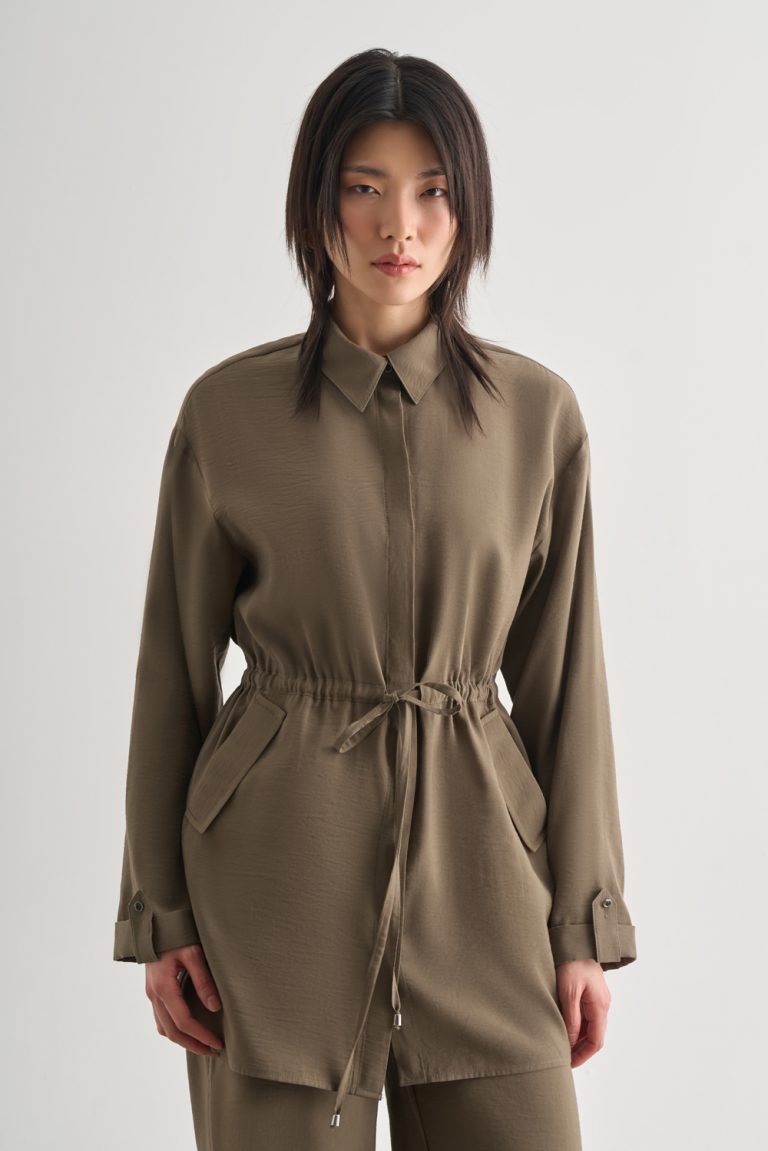 Mizalle Çift Cepli Beli İp Büzgülü Modal Haki Tunik - Mizalle