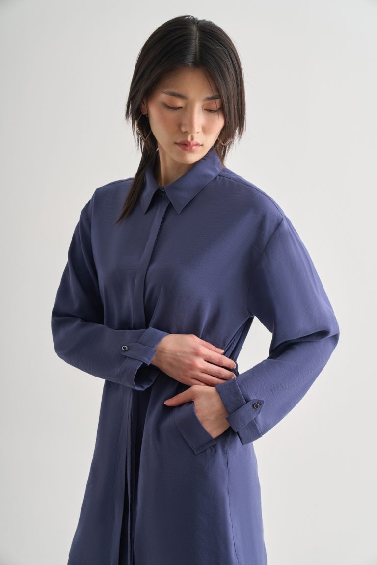 Mizalle Çift Cepli Beli İp Büzgülü Modal İndigo Mavi Tunik - Mizalle