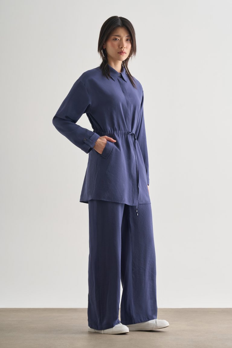 Mizalle Çift Cepli Beli İp Büzgülü Modal İndigo Mavi Tunik - Mizalle