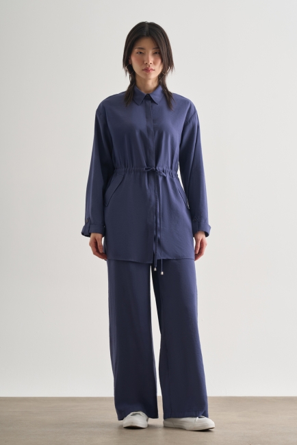 Mizalle - Mizalle Çift Cepli Beli İp Büzgülü Modal İndigo Mavi Tunik