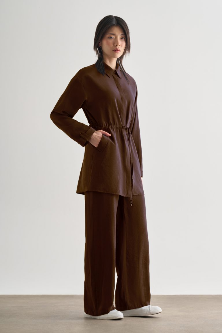 Mizalle Çift Cepli Beli İp Büzgülü Modal Kahverengi Tunik - Mizalle