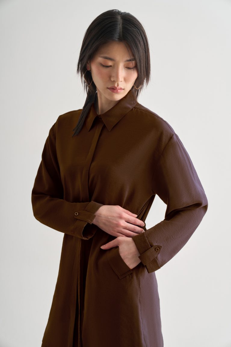 Mizalle Çift Cepli Beli İp Büzgülü Modal Kahverengi Tunik - Mizalle