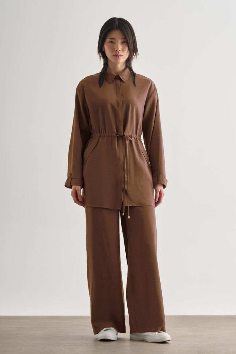 Mizalle Beli İp Büzgülü Modal Karamel Rengi Tunik - Mizalle