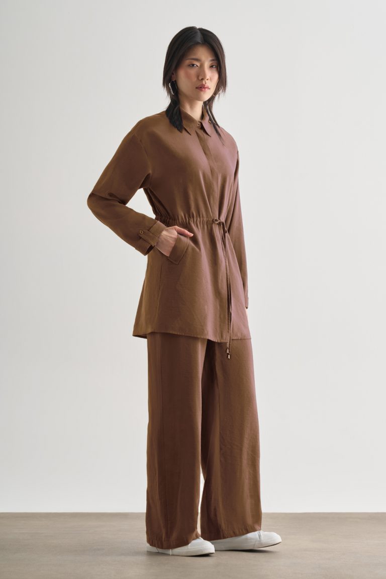 Mizalle Beli İp Büzgülü Modal Karamel Rengi Tunik - Mizalle