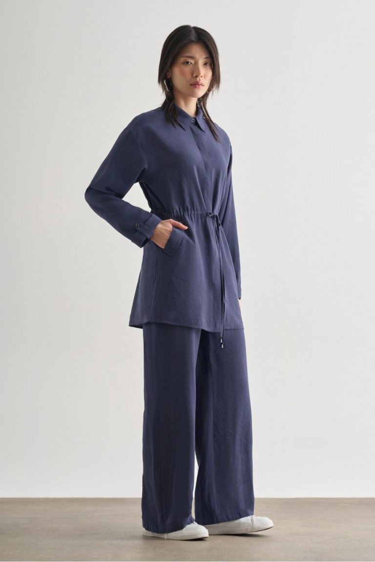 Mizalle Çift Cepli Beli İp Büzgülü Modal Lacivert Tunik - Mizalle