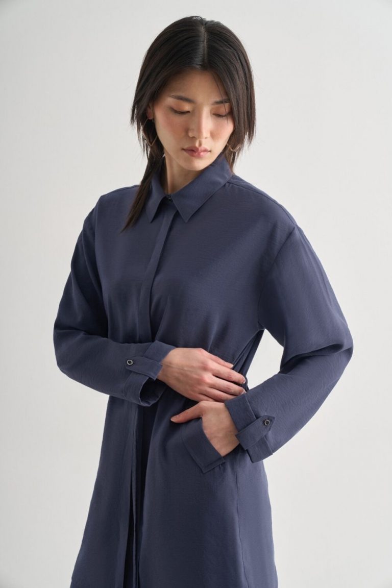 Mizalle Çift Cepli Beli İp Büzgülü Modal Lacivert Tunik - Mizalle