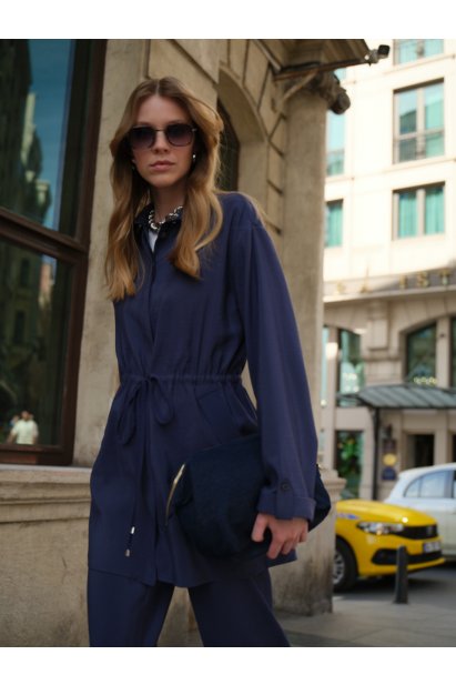 Mizalle Çift Cepli Beli İp Büzgülü Modal Lacivert Tunik - Mizalle