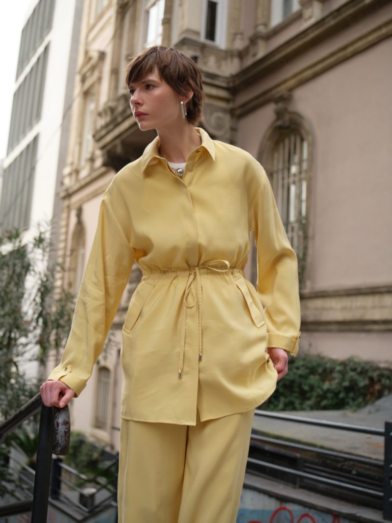 Mizalle Çift Cepli Beli İp Büzgülü Modal Sarı Tunik - Mizalle