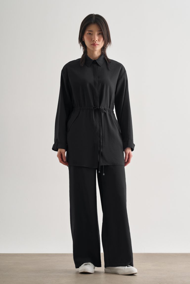 Mizalle Beli İp Büzgülü Modal Siyah Tunik - Mizalle