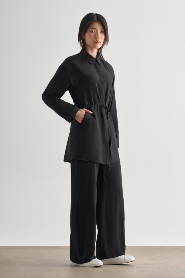 Mizalle Beli İp Büzgülü Modal Siyah Tunik - Mizalle