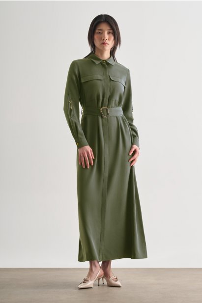 Mizalle Çift Cepli Uzun Kemerli Haki Safari Elbise - Mizalle
