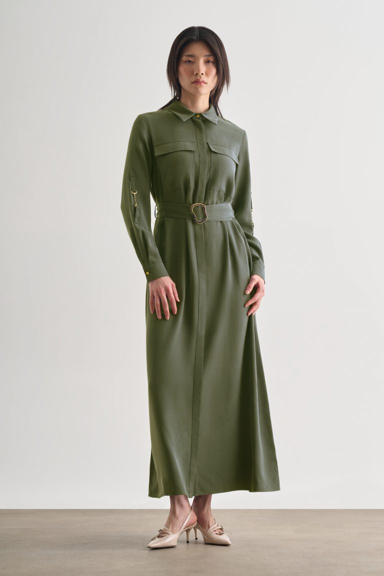 Mizalle Çift Cepli Uzun Kemerli Haki Safari Elbise - Mizalle