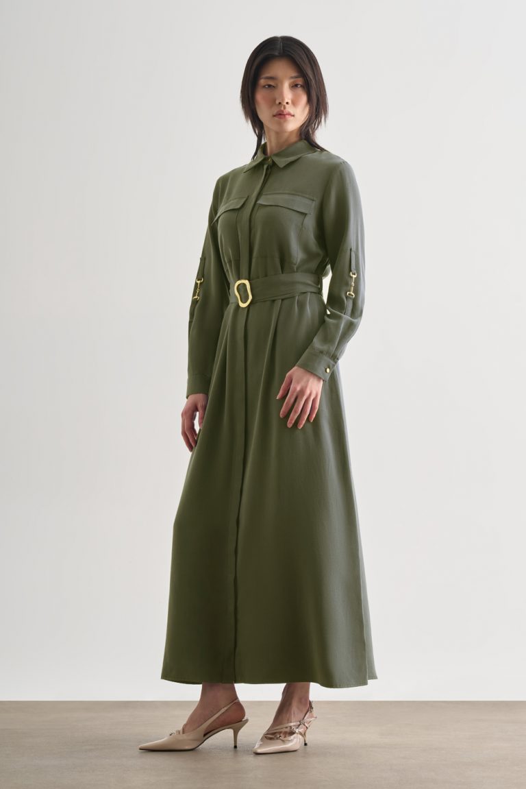 Mizalle Çift Cepli Uzun Kemerli Haki Safari Elbise - Mizalle