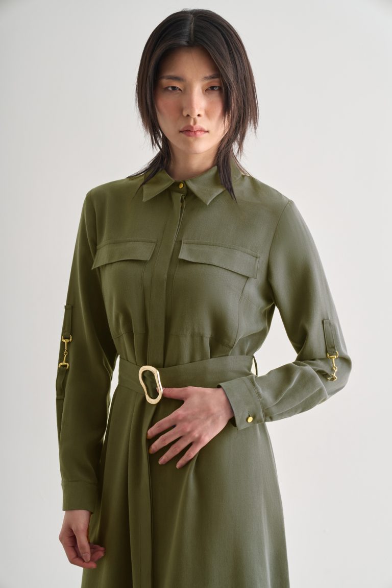 Mizalle Çift Cepli Uzun Kemerli Haki Safari Elbise - Mizalle