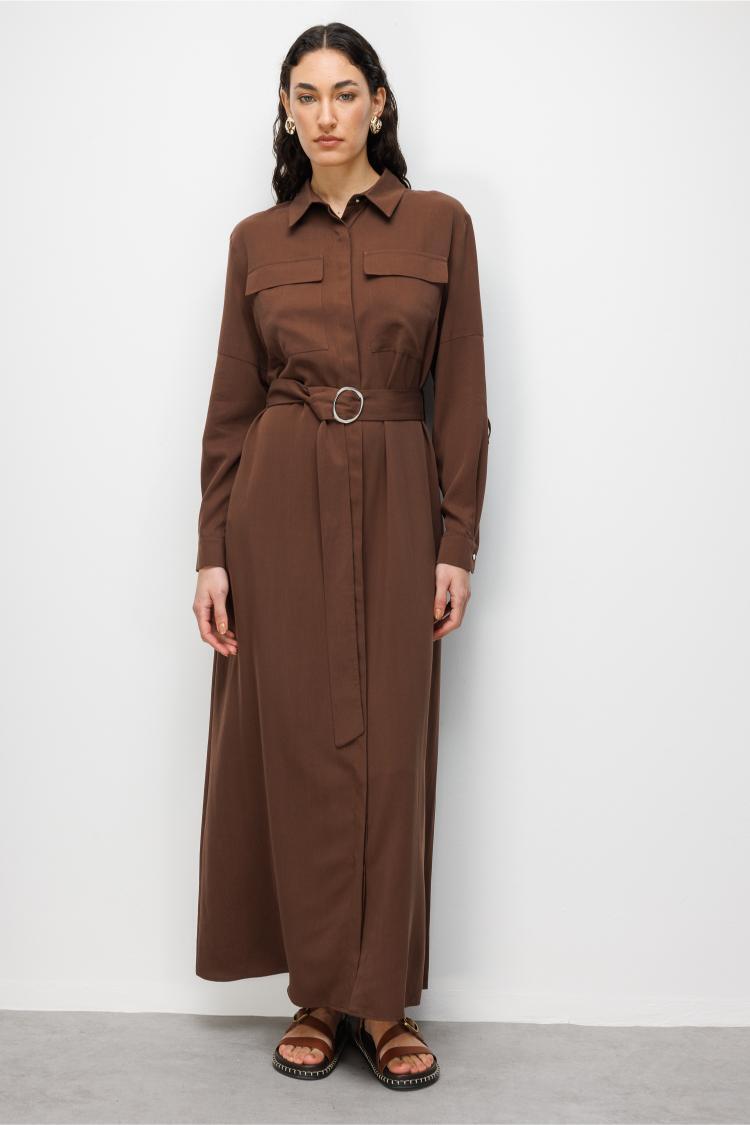 Mizalle Çift Cepli Uzun Kemerli Kahverengi Safari Elbise - 2
