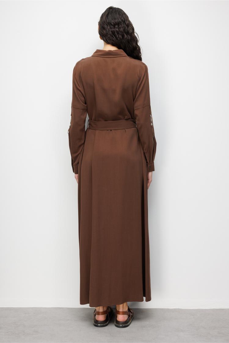 Mizalle Çift Cepli Uzun Kemerli Kahverengi Safari Elbise - Mizalle