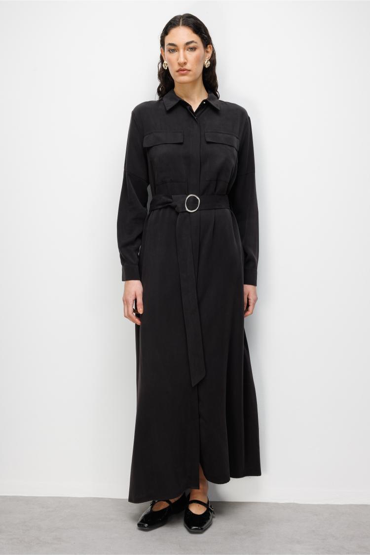 Mizalle Çift Cepli Uzun Kemerli Siyah Safari Elbise - 2