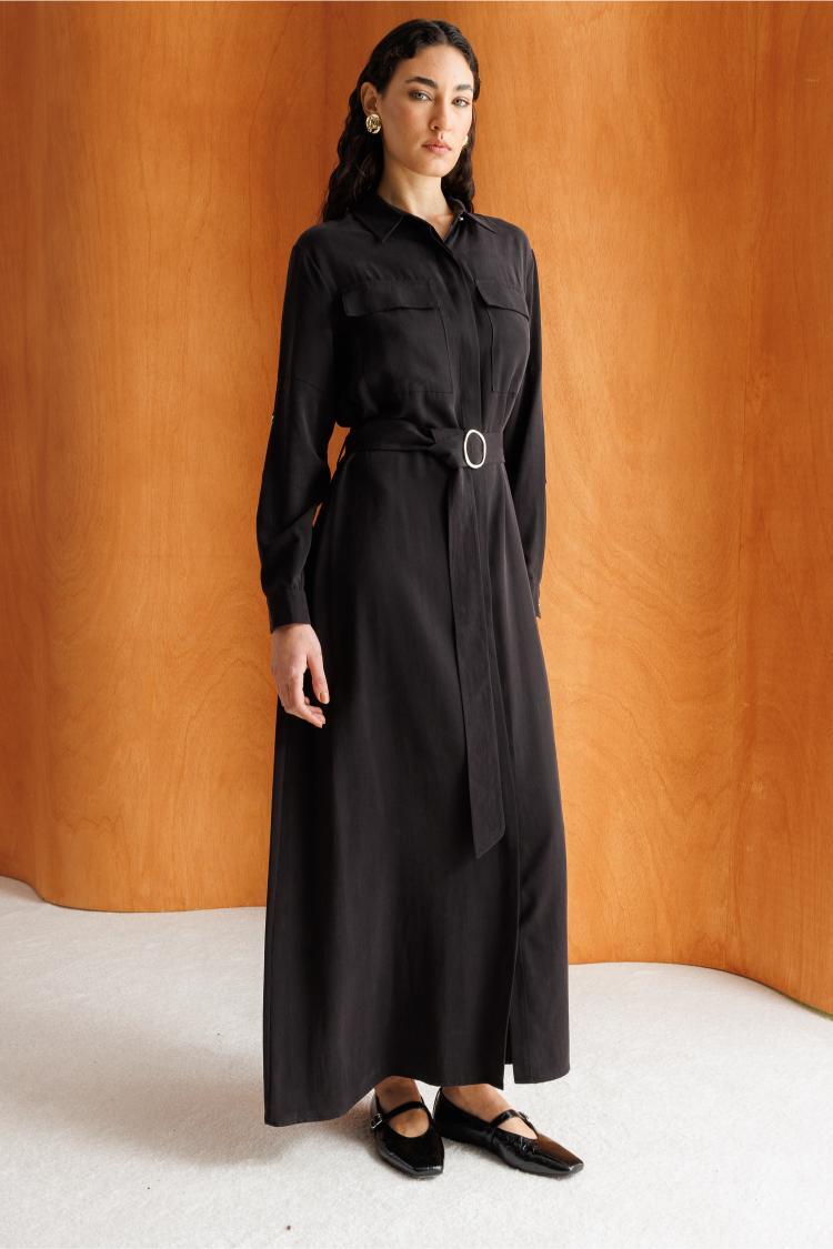 Mizalle Çift Cepli Uzun Kemerli Siyah Safari Elbise - 1