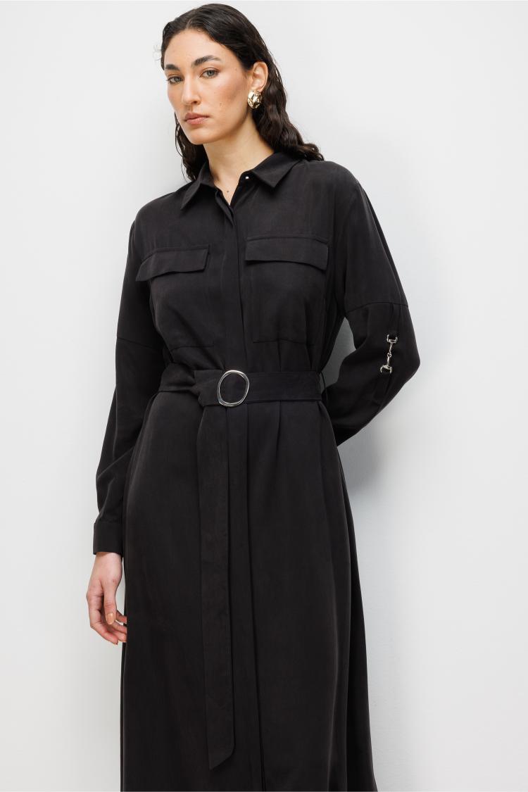 Mizalle Çift Cepli Uzun Kemerli Siyah Safari Elbise - 3