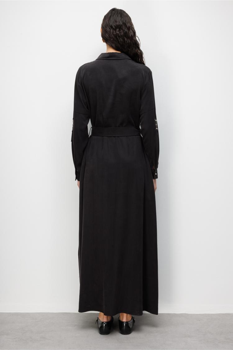 Mizalle Çift Cepli Uzun Kemerli Siyah Safari Elbise - 4
