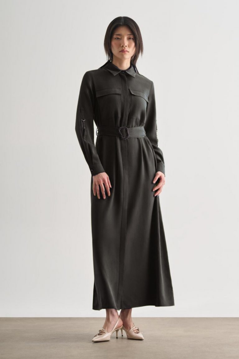 Mizalle Çift Cepli Uzun Kemerli Siyah Safari Elbise - Mizalle