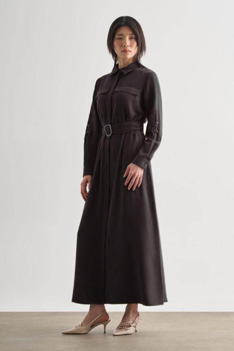 Mizalle Çift Cepli Uzun Kemerli Siyah Safari Elbise - Mizalle