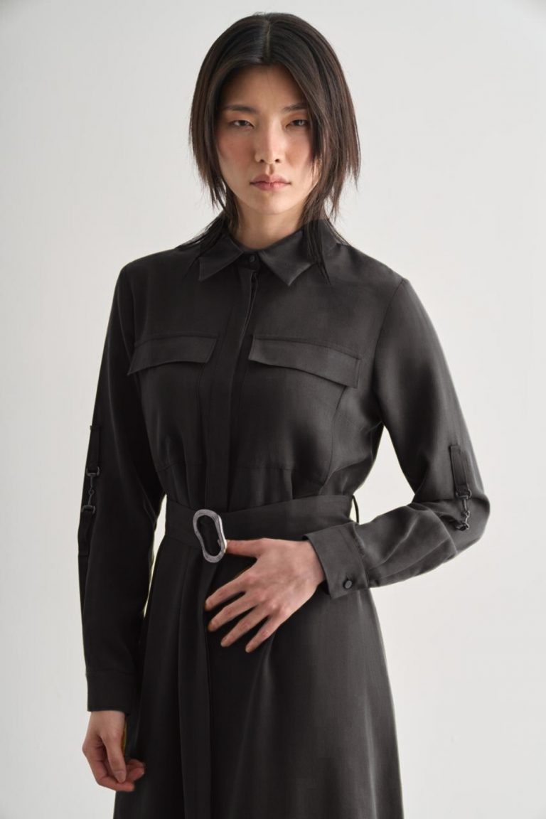 Mizalle Çift Cepli Uzun Kemerli Siyah Safari Elbise - Mizalle