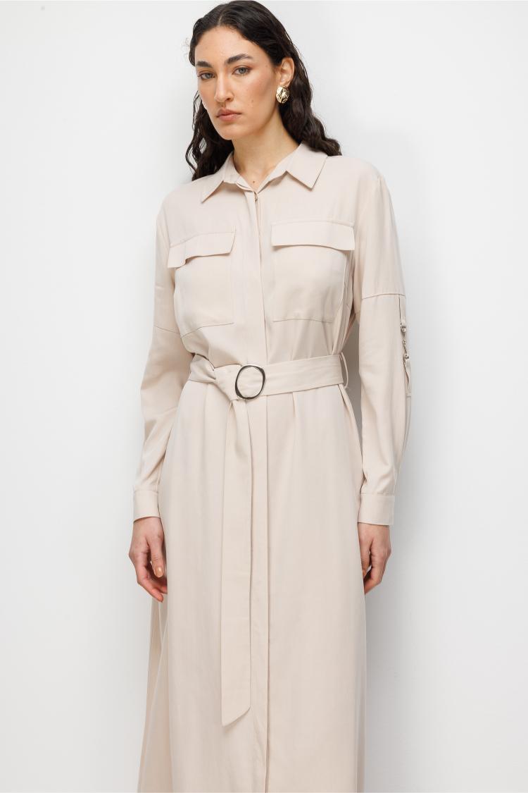 Mizalle Çift Cepli Uzun Kemerli Taş Rengi Safari Elbise - Mizalle