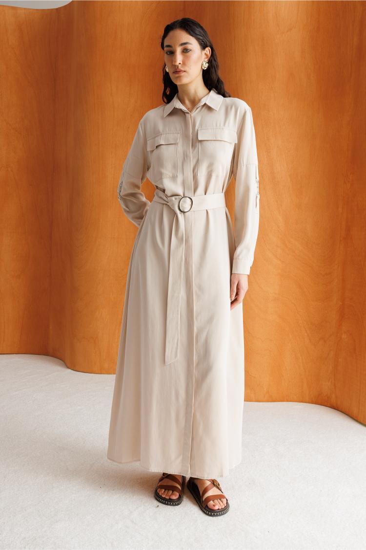 Mizalle Çift Cepli Uzun Kemerli Taş Rengi Safari Elbise - Mizalle