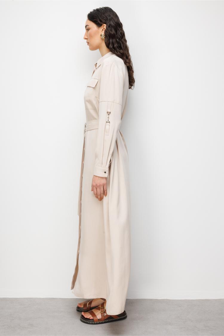 Mizalle Çift Cepli Uzun Kemerli Taş Rengi Safari Elbise - 3