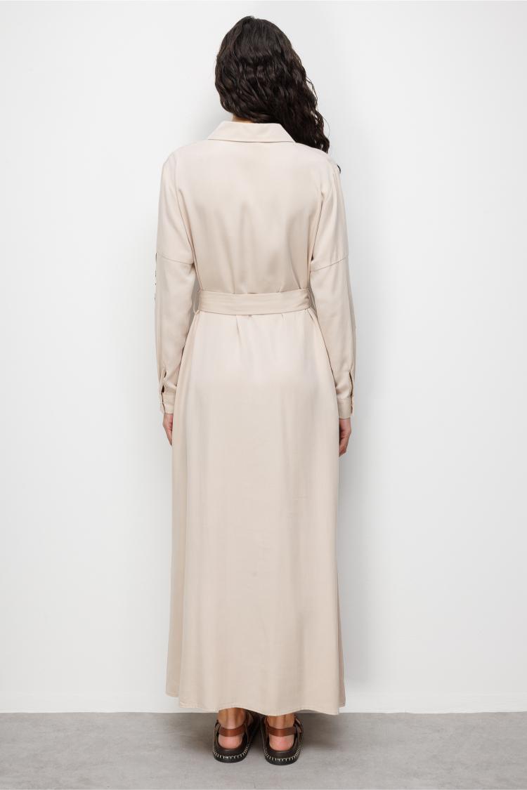 Mizalle Çift Cepli Uzun Kemerli Taş Rengi Safari Elbise - Mizalle