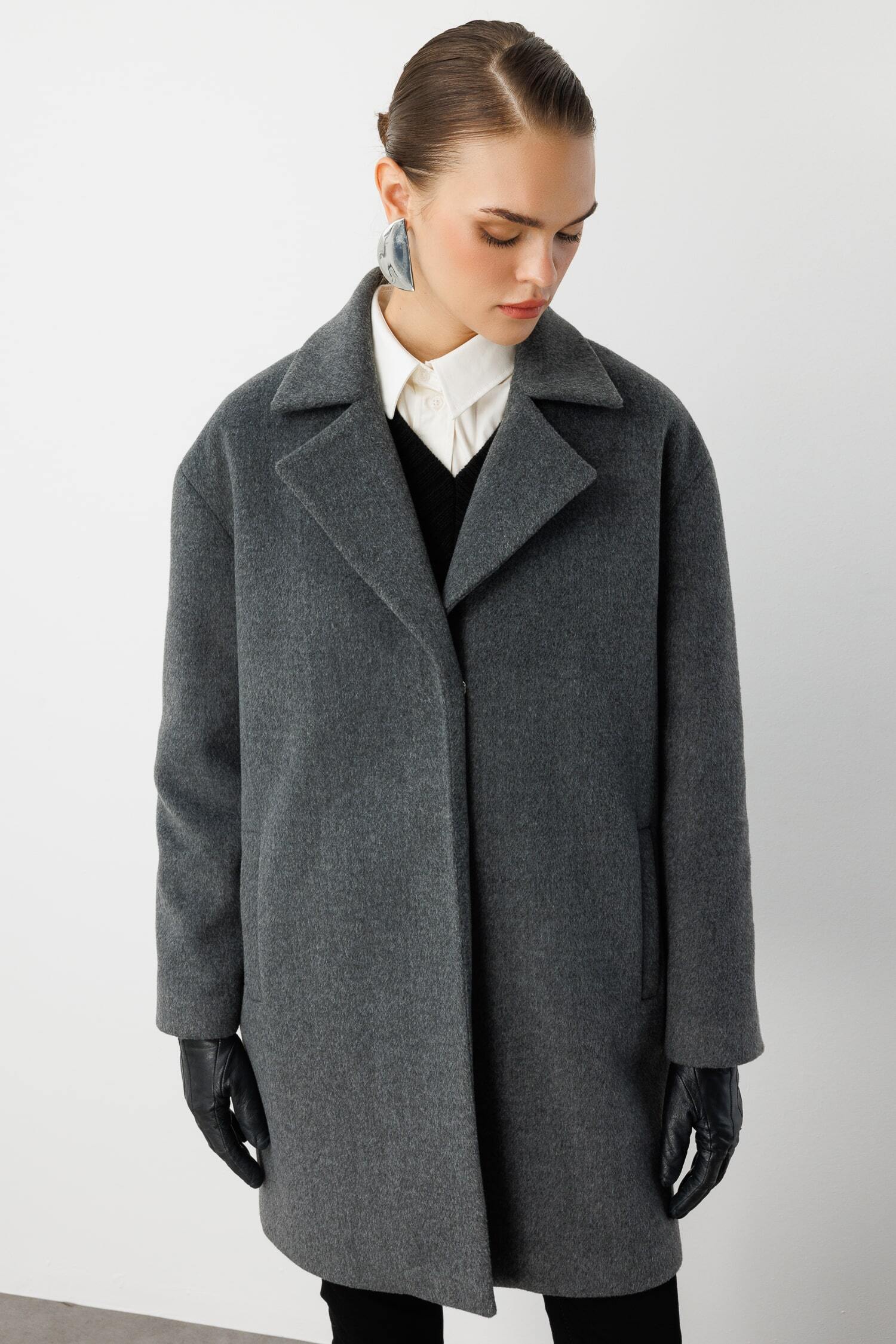 Mizalle Çıt Çıt Kapamalı Gri Yünlü Kısa Kaşe Kaban - 3