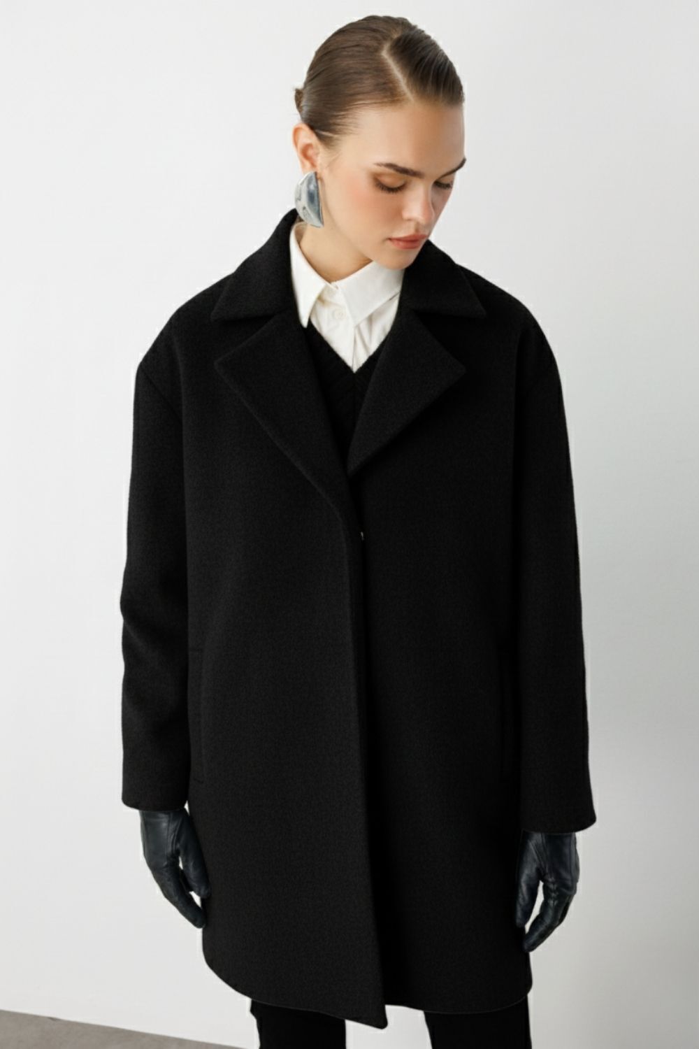 Mizalle Çıt Çıt Kapamalı Siyah Yünlü Kısa Kaşe Kaban - 2