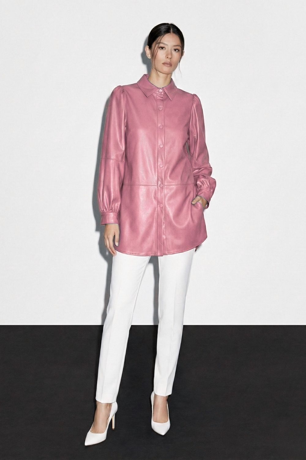 Mizalle Çıt çıtlı Deri Görünümlü Pembe Gömlek - 1