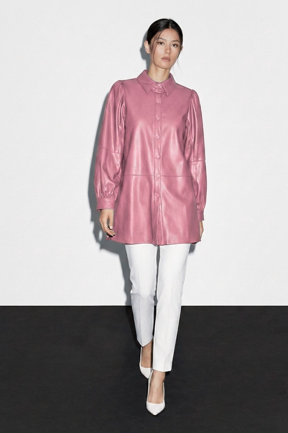 Mizalle Çıt çıtlı Deri Görünümlü Pembe Gömlek - 2